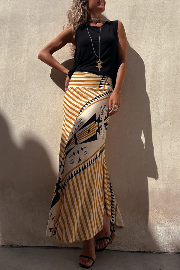 kelly Satin Geometric Print Elastic Waist Maxi Skirt