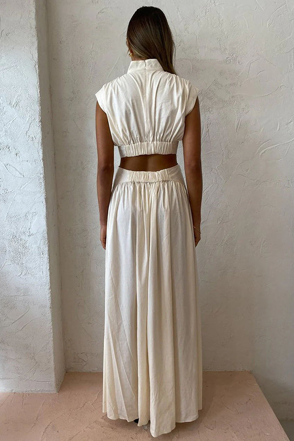 Cotton Blend Cutout Elastic Waist Pocketed Maxi Dress