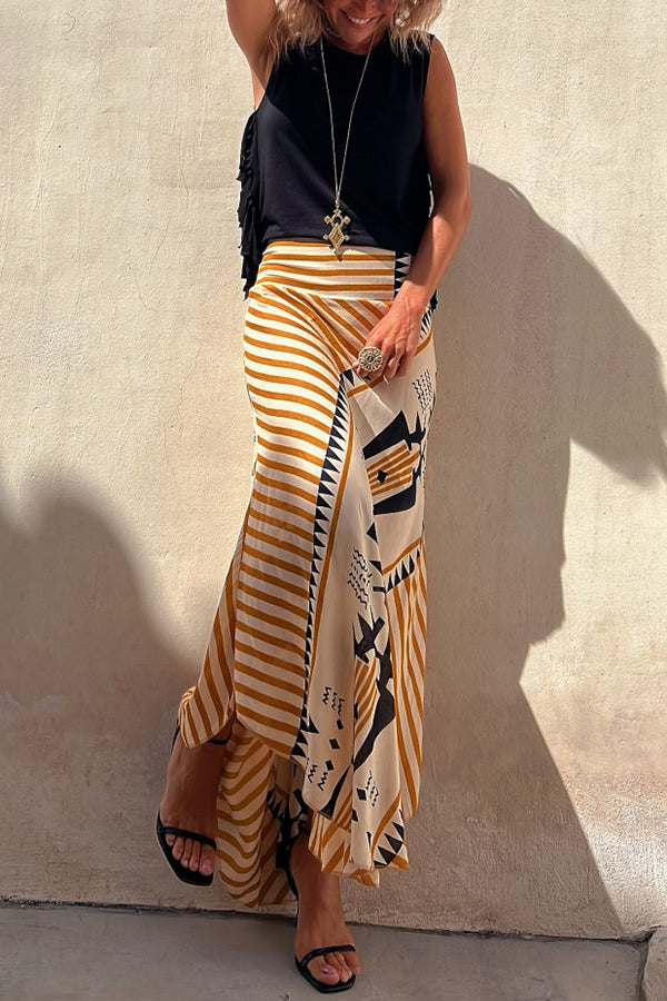 kelly Satin Geometric Print Elastic Waist Maxi Skirt
