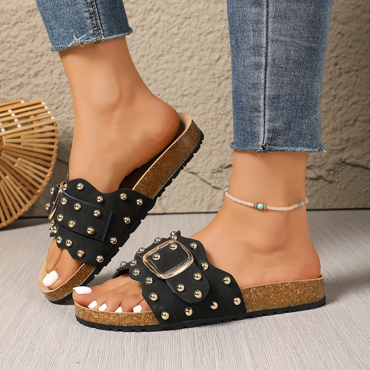 Black Rivet Slide Sandals