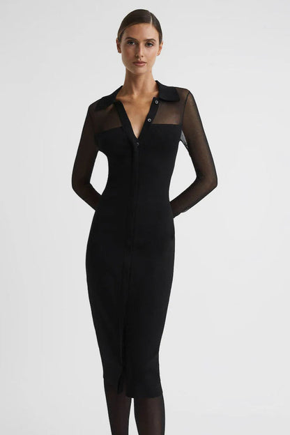 sheer knitted button-through midi dress in black