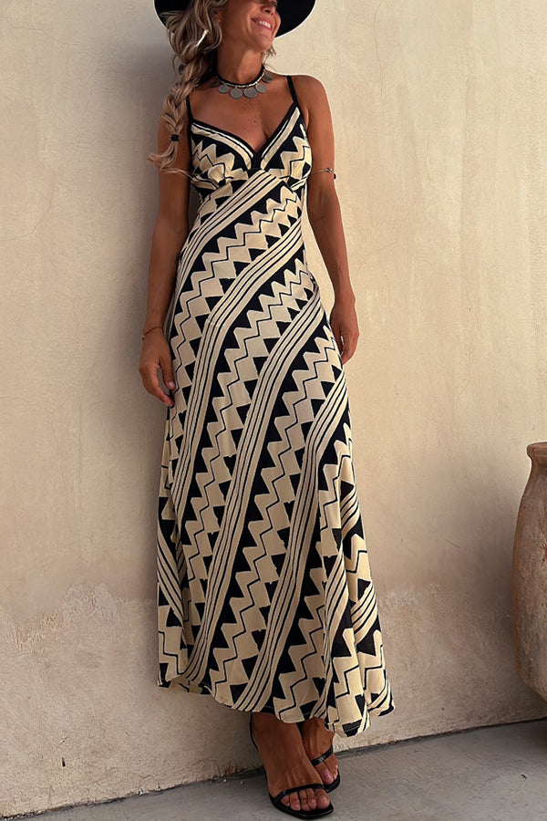 Satin Ethnic Print Smocked Back Midi Dress