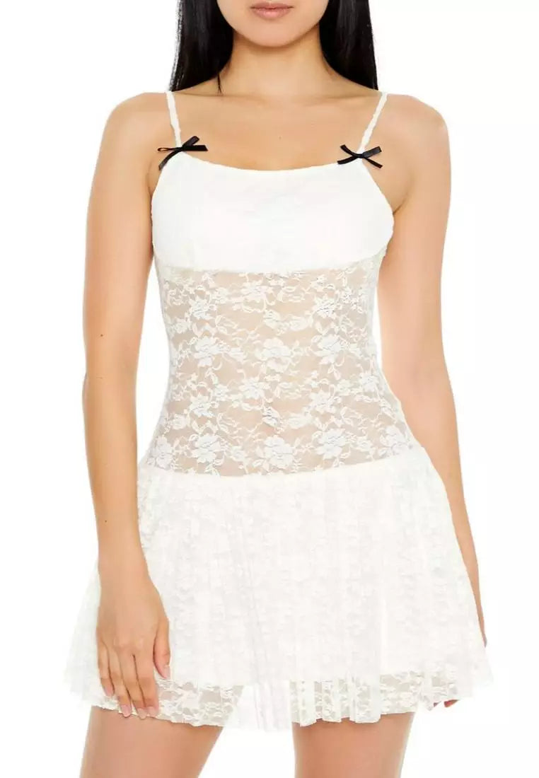 Sheer Lace Bow Mini Dress in white