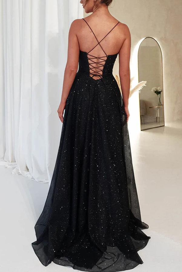 Cowl Neck Back Lace-up Pocketed Slit Maxi Dress