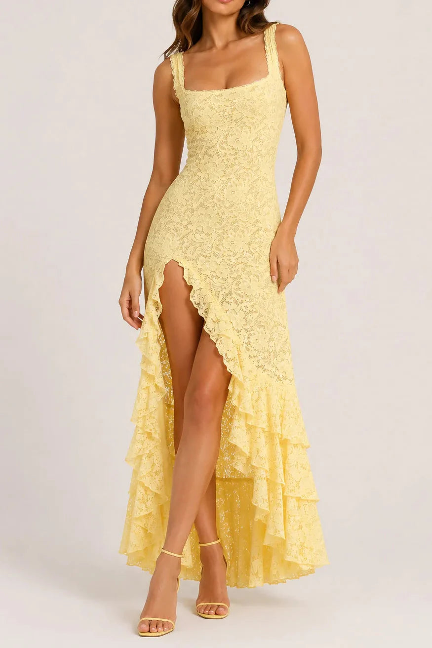 Irregular ruffled lace patchwork high slit slip maxi dress - yellow