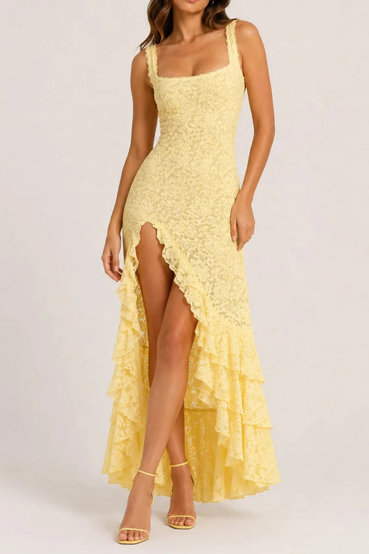 Irregular ruffled lace patchwork high slit slip maxi dress - yellow
