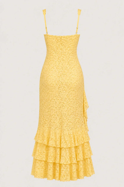 Irregular ruffled lace patchwork high slit slip maxi dress - yellow