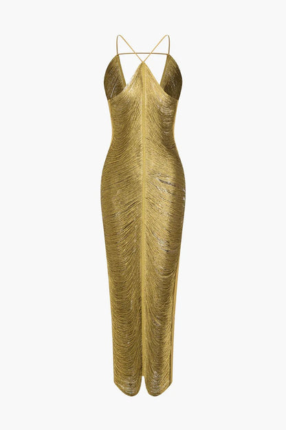 tassel rear slit halterneck dress