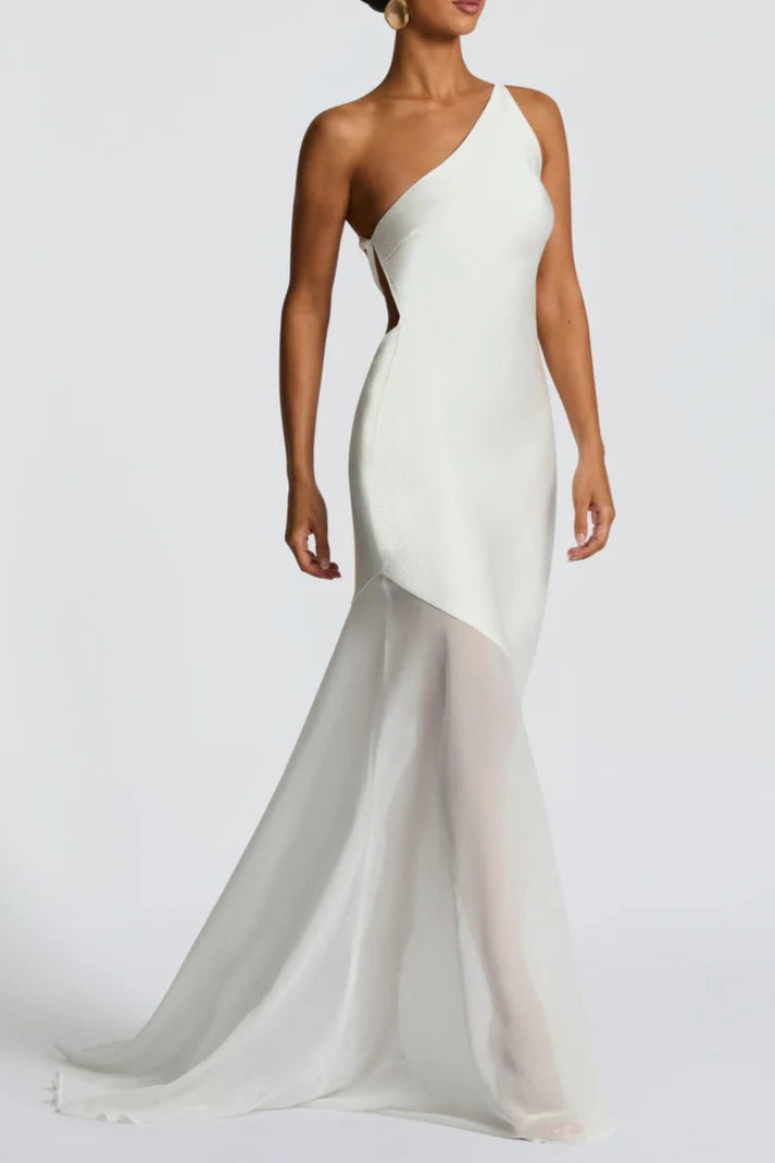 Lace-up beveled back satin maxi dress in ivory