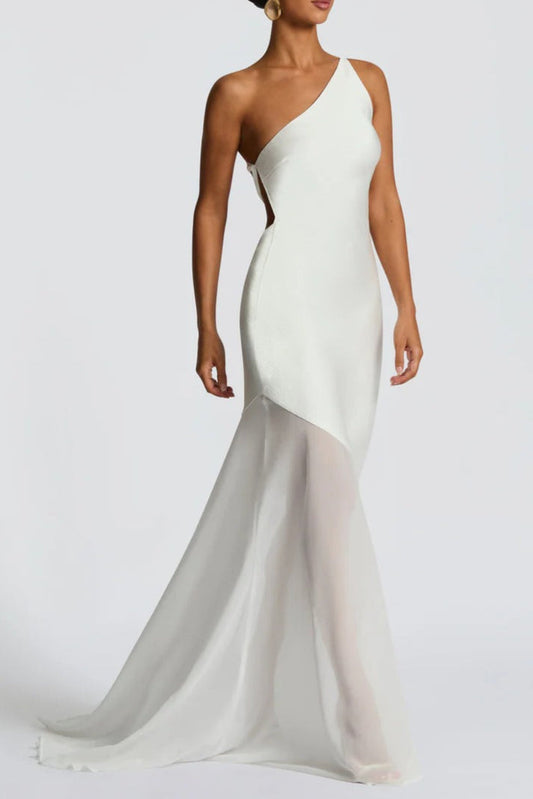 Lace-up beveled back satin maxi dress in ivory