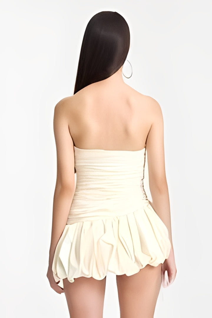 Balloon Draped strapless Mini Dress in white