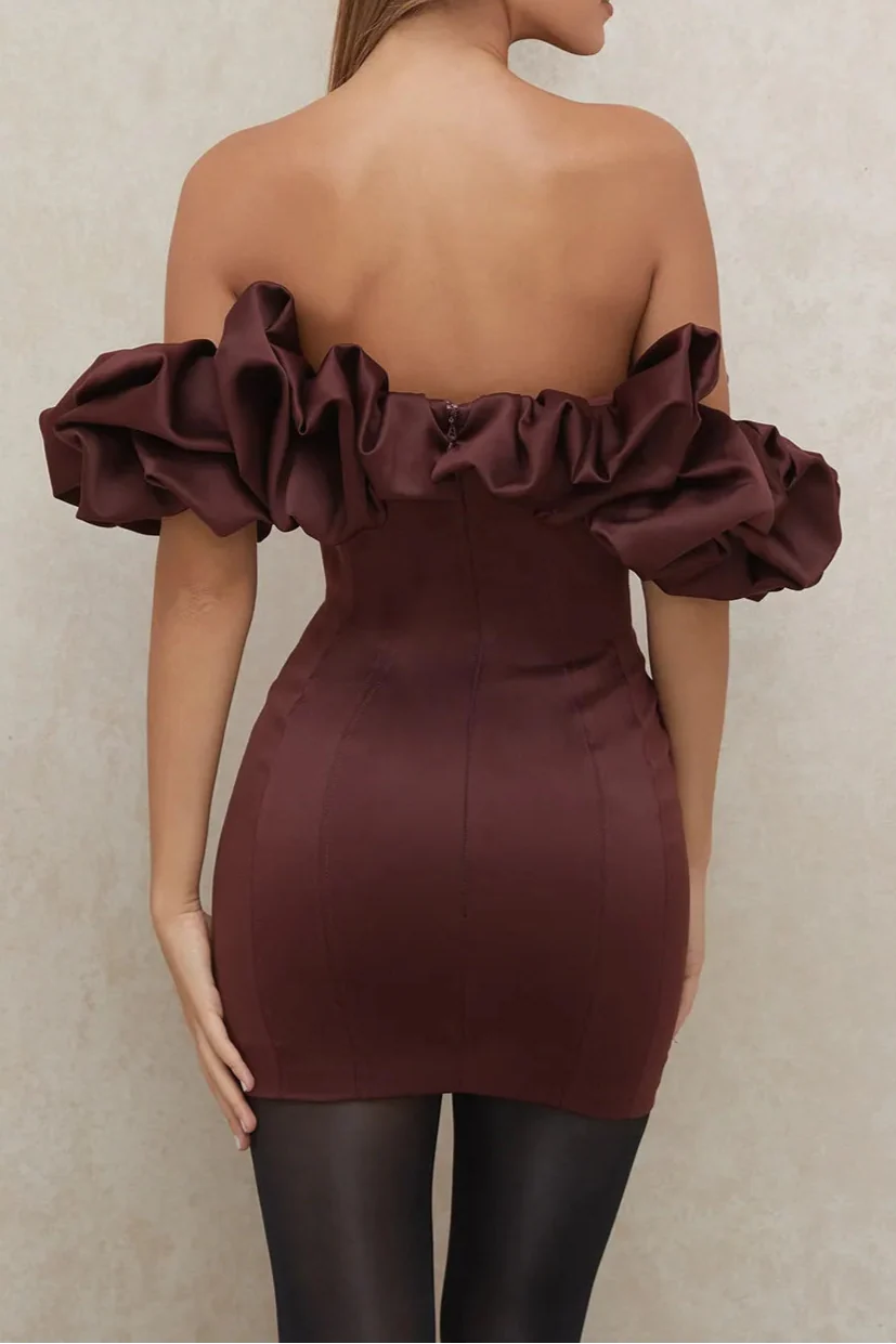 burgundy satin ruffle strapless mini dress
