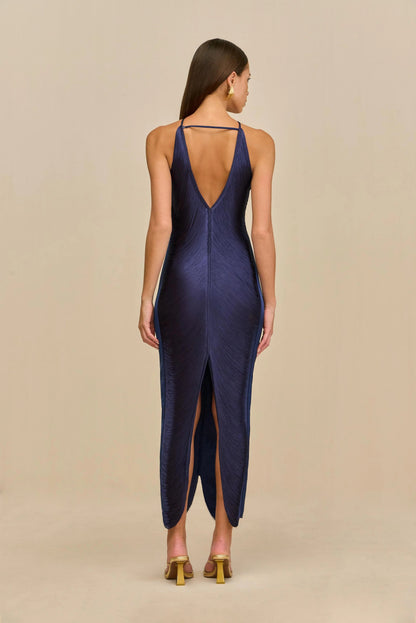 tassel rear slit halterneck dress
