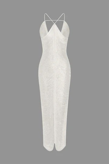 tassel rear slit halterneck dress