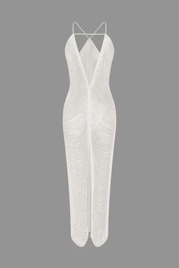 tassel rear slit halterneck dress