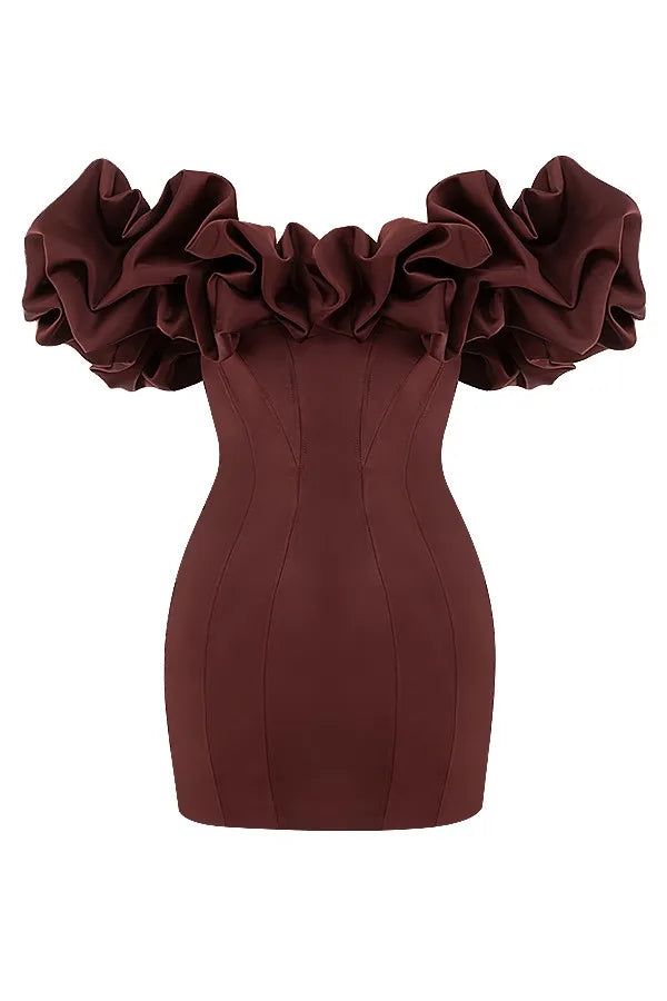burgundy satin ruffle strapless mini dress