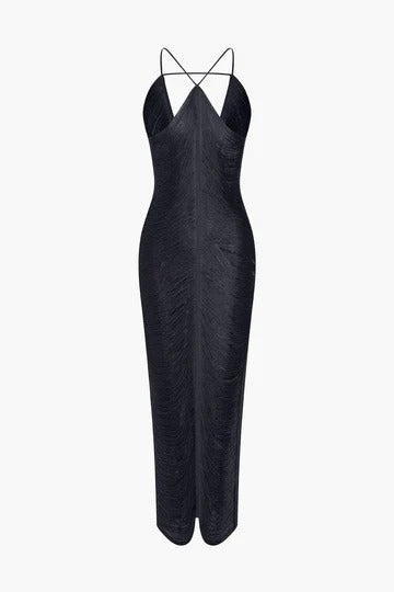 tassel rear slit halterneck dress