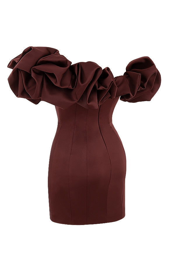 burgundy satin ruffle strapless mini dress