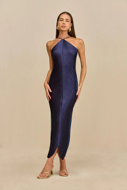 tassel rear slit halterneck dress