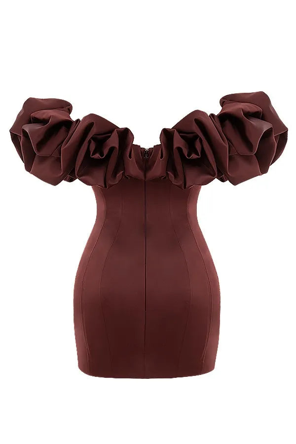 burgundy satin ruffle strapless mini dress