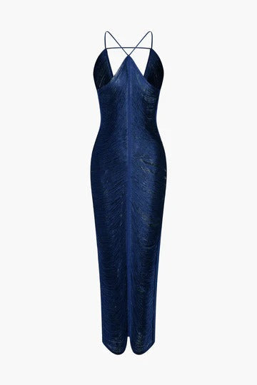 tassel rear slit halterneck dress
