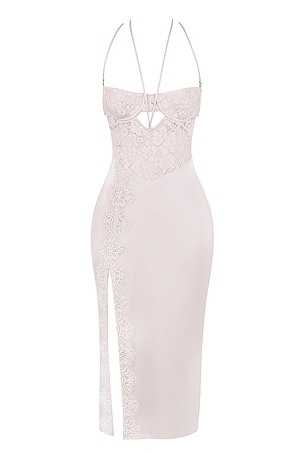 apricot crystal satin lace cutout midi dress