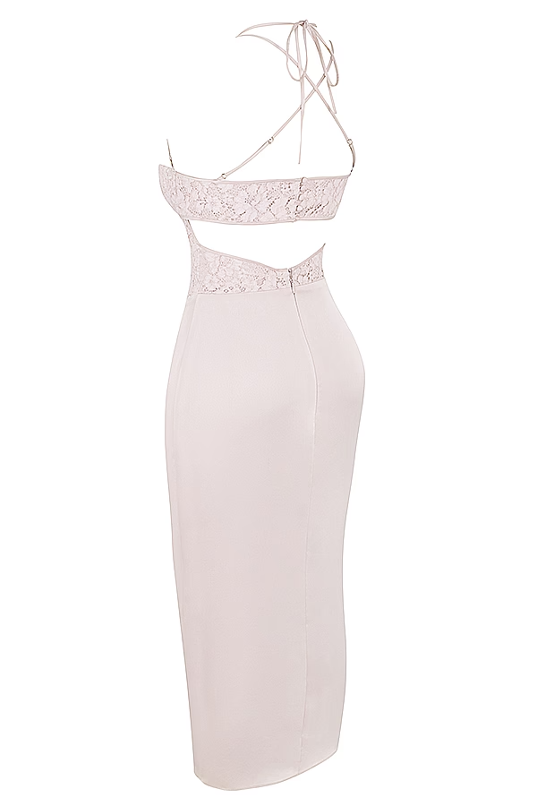 apricot crystal satin lace cutout midi dress