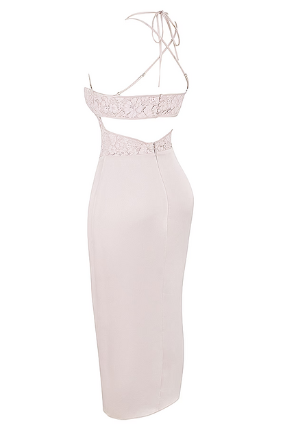 apricot crystal satin lace cutout midi dress