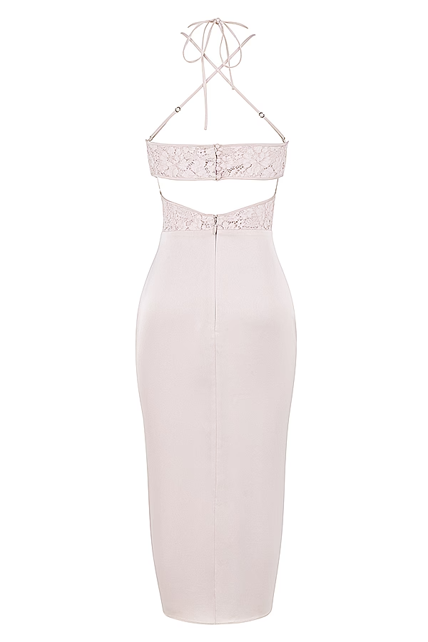 apricot crystal satin lace cutout midi dress