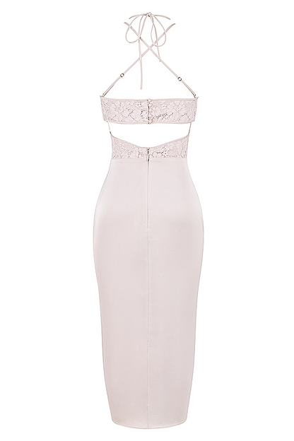 apricot crystal satin lace cutout midi dress