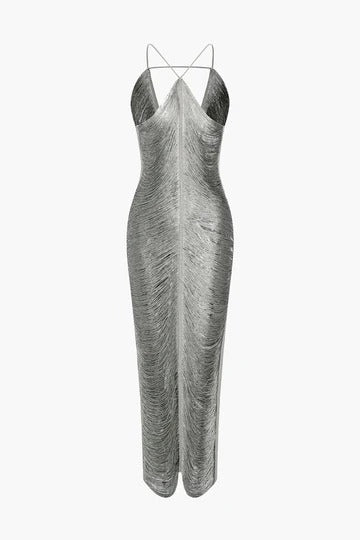 tassel rear slit halterneck dress