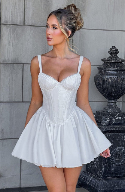 lace ruffle trim corset mini dress in white