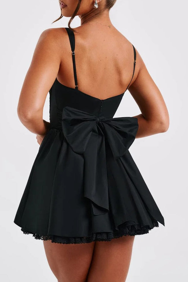 lace ruffle trim corset mini dress in black