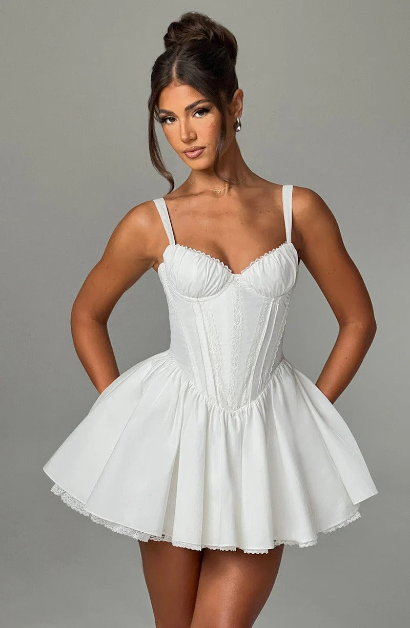 lace ruffle trim corset mini dress in white