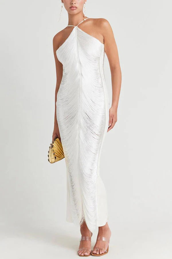 tassel rear slit halterneck dress