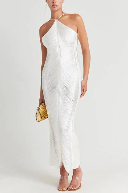 tassel rear slit halterneck dress