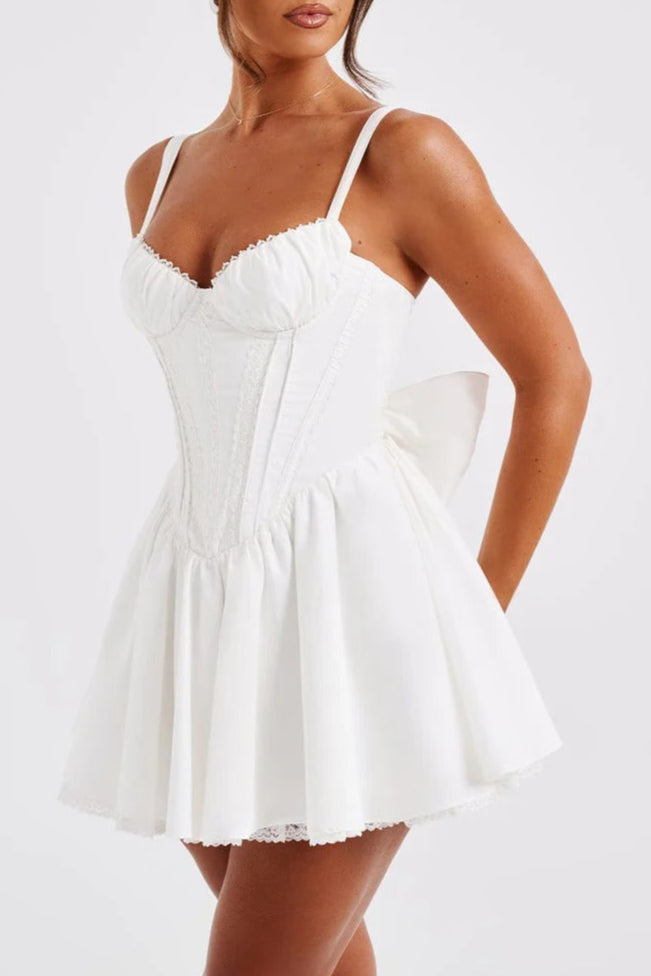 lace ruffle trim corset mini dress in white