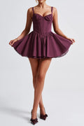 lace ruffle trim corset mini dress in purple