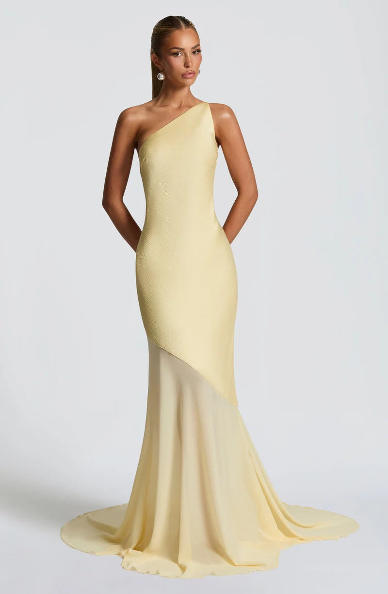 Lace-up beveled back satin maxi dress in lemon yellow