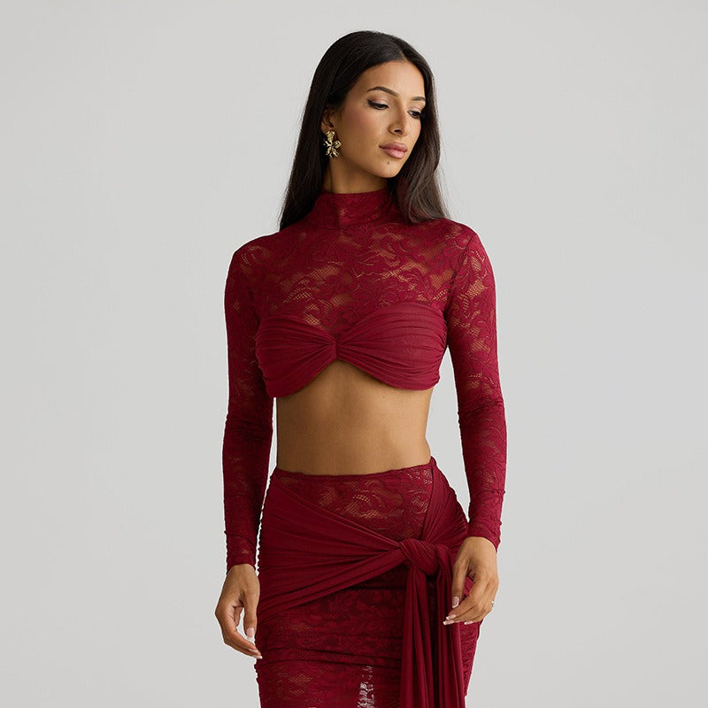 Lace Mesh Long Sleeve Top and Ribbon Short Skirt Set