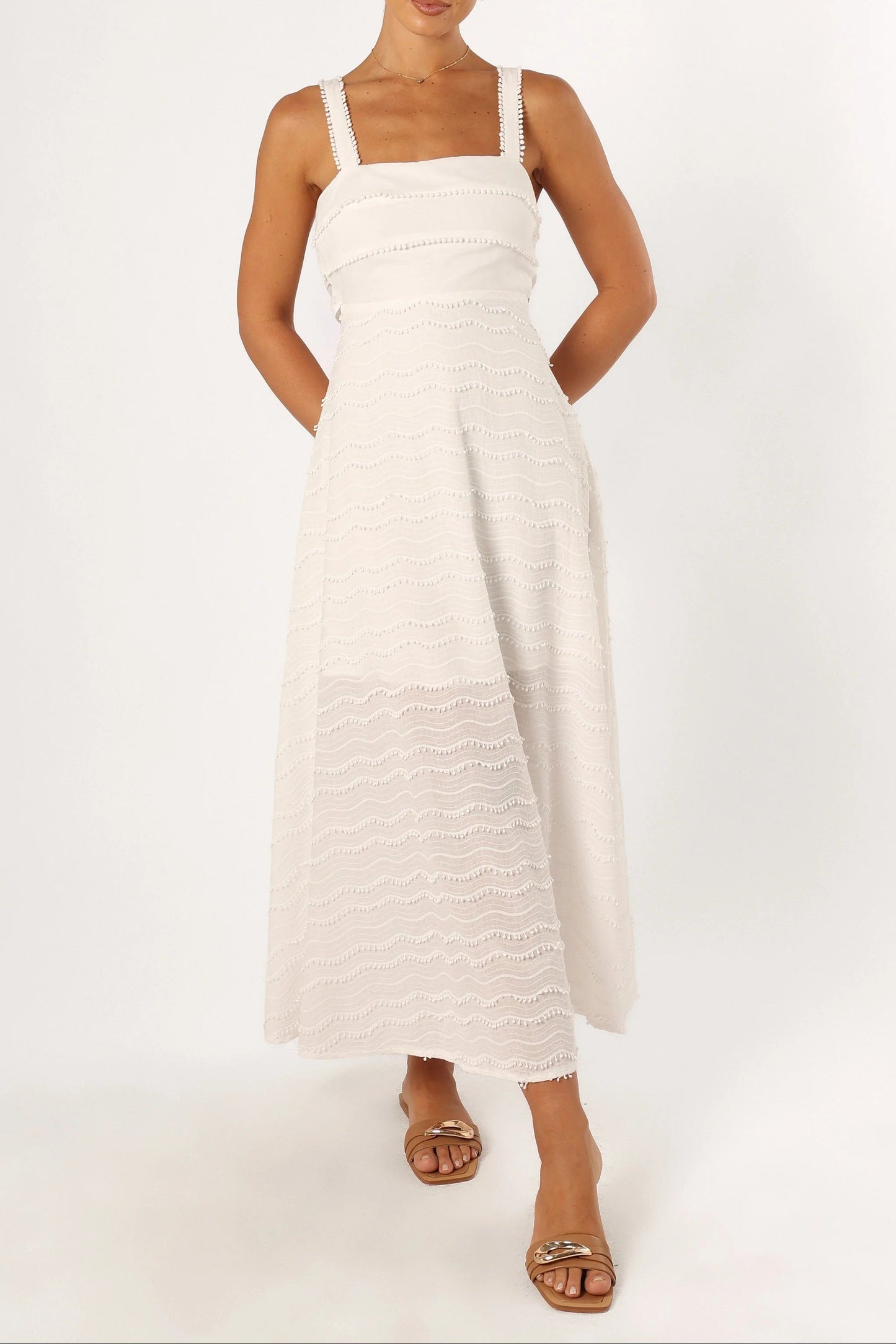 Pom Pom Trim Back Bow Midi Sundress