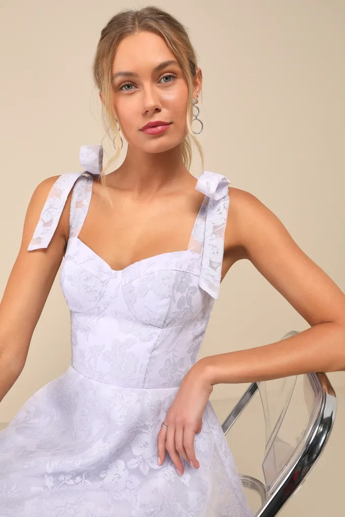 Lavender Floral Jacquard Burnout Tie-Strap Bustier Midi Dress