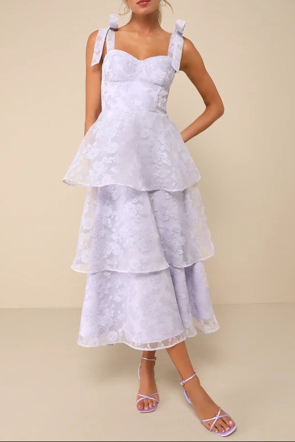 Lavender Floral Jacquard Burnout Tie-Strap Bustier Midi Dress