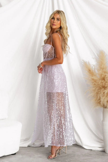 Lavender Sequin Corset Maxi Dress