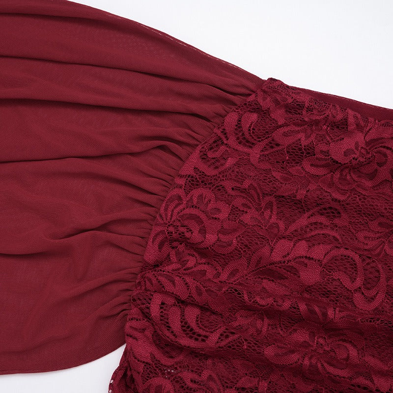 Lace Mesh Long Sleeve Top and Ribbon Short Skirt Set