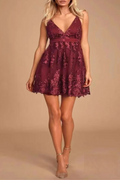 Burgundy Prom Dress - V-Neck Tulle Lace Short Party Dress
