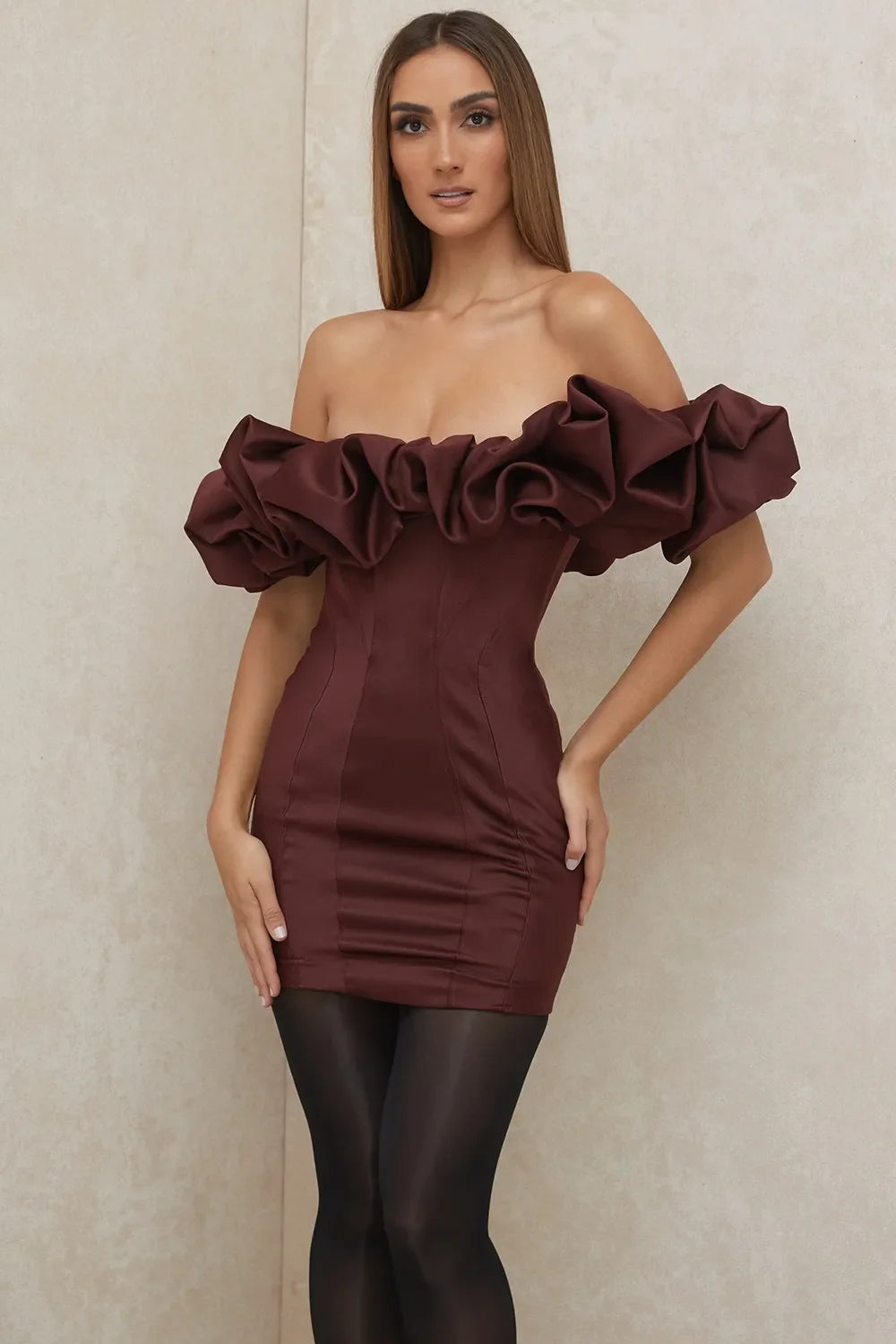 burgundy satin ruffle strapless mini dress
