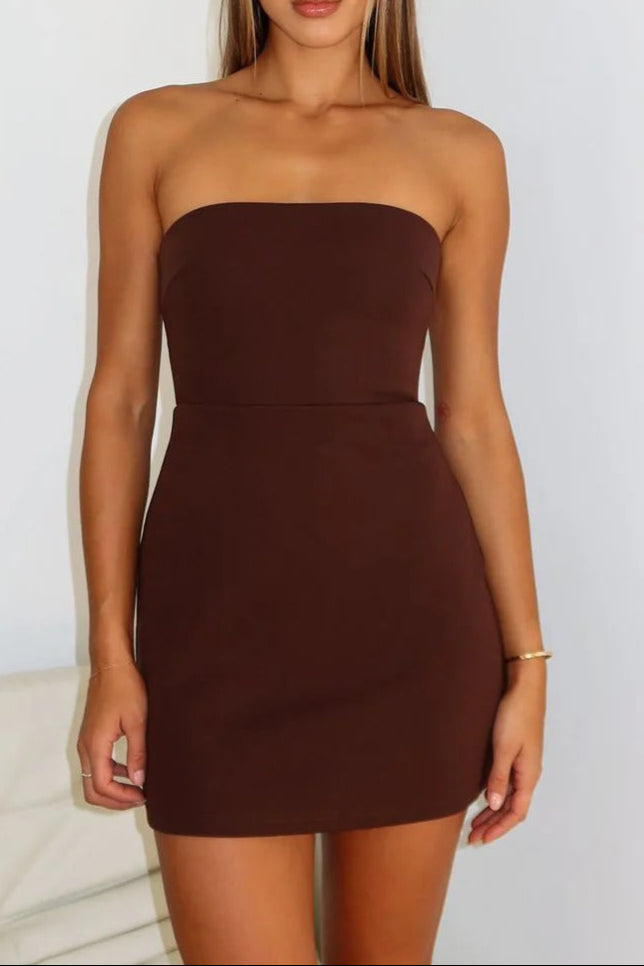 backless Strapless slim Mini Dress in brown