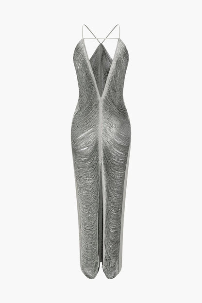 tassel rear slit halterneck dress