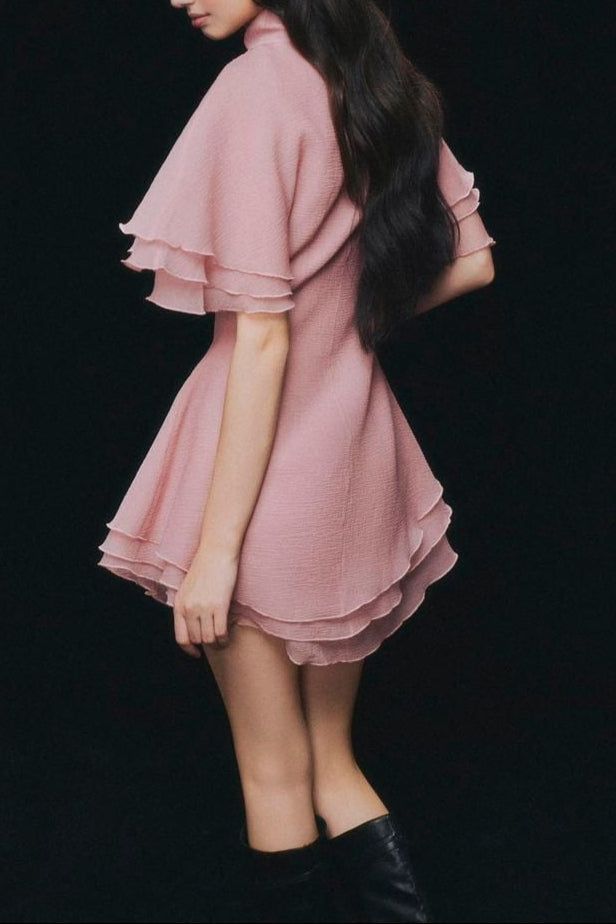 Pink Chiffon Mini Dress - Layered Ruffle Trim Shirt Dress